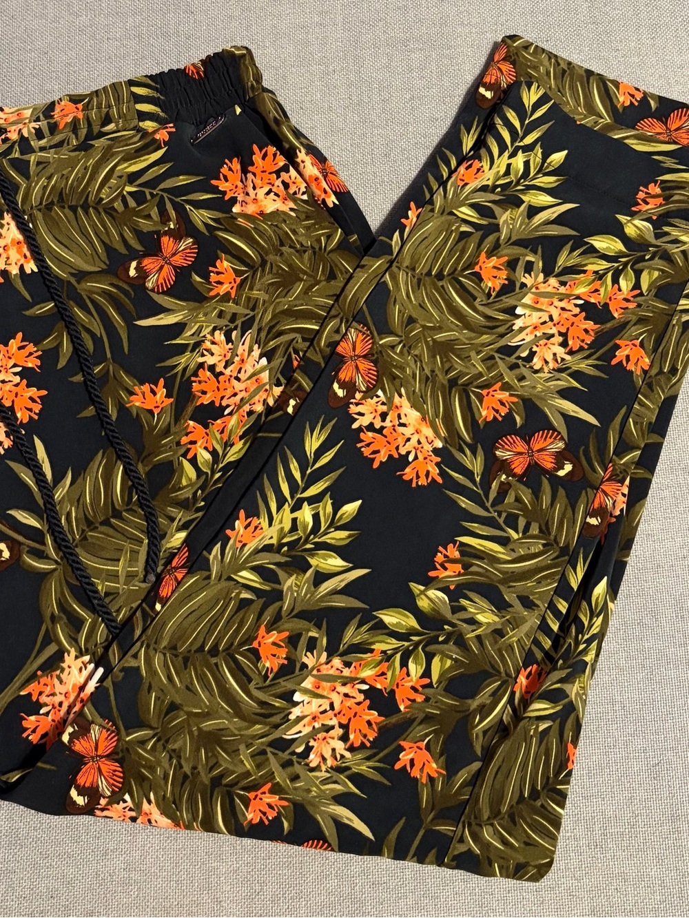Guess Black Tropical Print Straight-Leg Pants with Orange & Olive Details